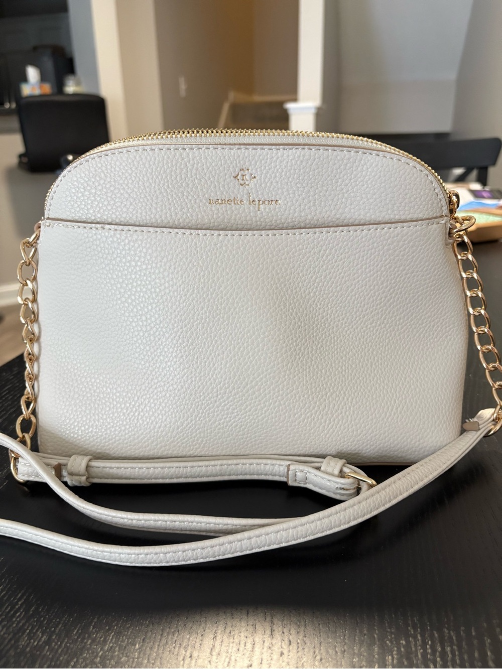 Nanette Lepore Cream Leather Crossbody Bag with Gold Chain Strap